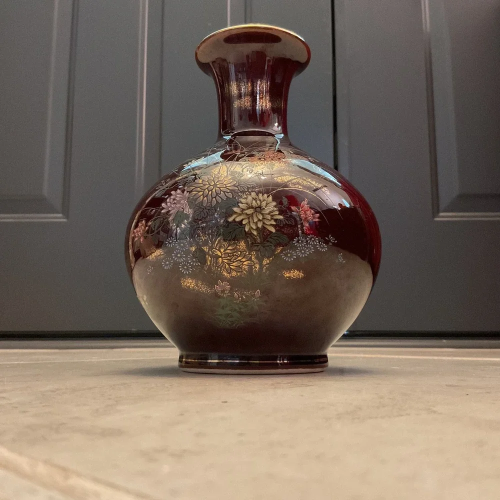 Toyo Japan Burgundy Oxblood Floral Gold Pheasant Ceramic Vase Gilt Accents